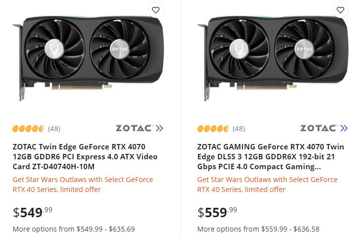 Zotac оценила GeForce RTX 4070 с памятью GDDR6 на $10 дешевле модели с памятью GDDR6X